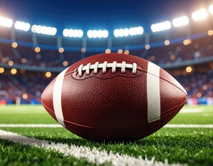 American football on a field, stadium lights