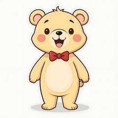 Naklejka premium Cartoon Teddy Bear Standing, Red Bowtie, Cute Illustration