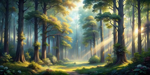 Obraz premium Sunbeams Illuminate a Mystical Forest Path Where Lush Greenery and Tall Trees Create a Serene and Tranquil Atmosphere