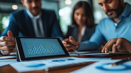 Business professionals collaborating with tablet and financial growth chart in modern office setting. 