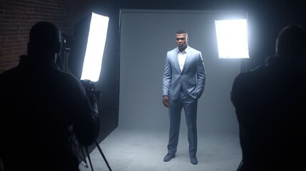 Fototapeta premium Stylish Businessman in Grey Suit Standing Confidently During