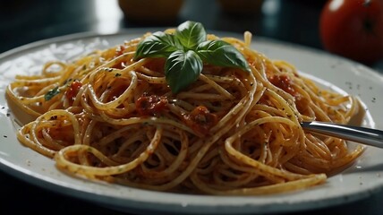 Hot Cooked Spiral Noodles with Red Sauce and Herbs. AI Generative