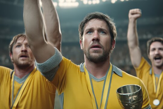 Victorious Soccer Player in Yellow Jersey Holding Champion's Cup in