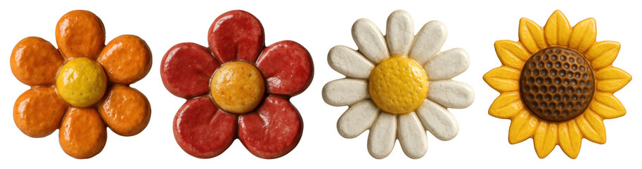 PNG Colorful ceramic flower magnets, element set on transparent background