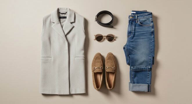 Flat lay of stylish women's clothing and accessories.  A light beige blazer vest, dark denim jeans, tan loafers, a black belt, and sunglasses.  Items are laid out neatly on a neutral beige background