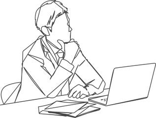 パソコンの前で悩むビジネスマンの線画イラスト