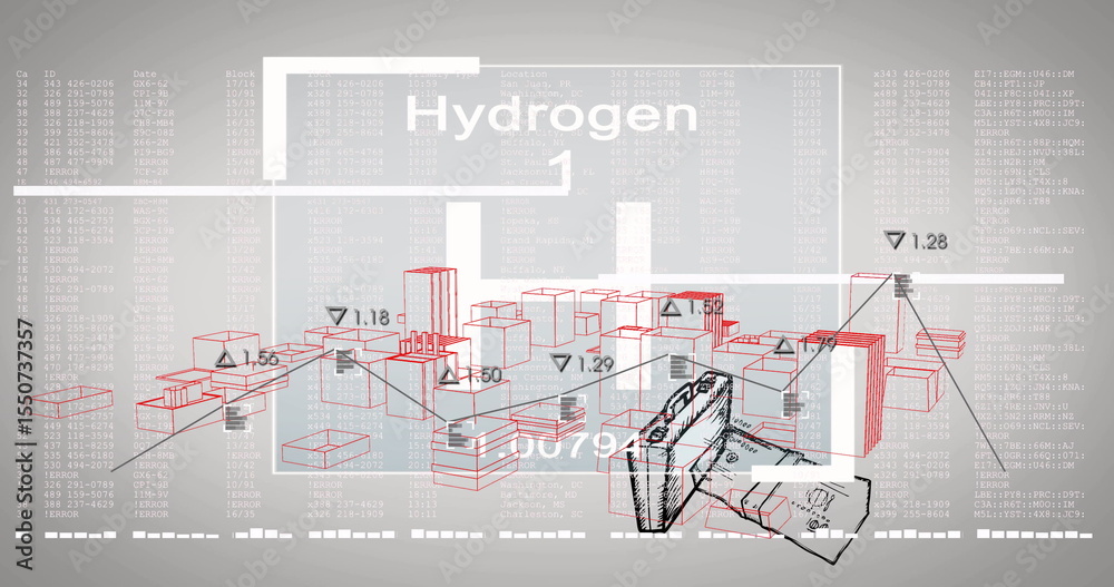 Poster displaying 3d red blocks annotating hydrogen metrics on virtual schema, featuring fuel cell unit