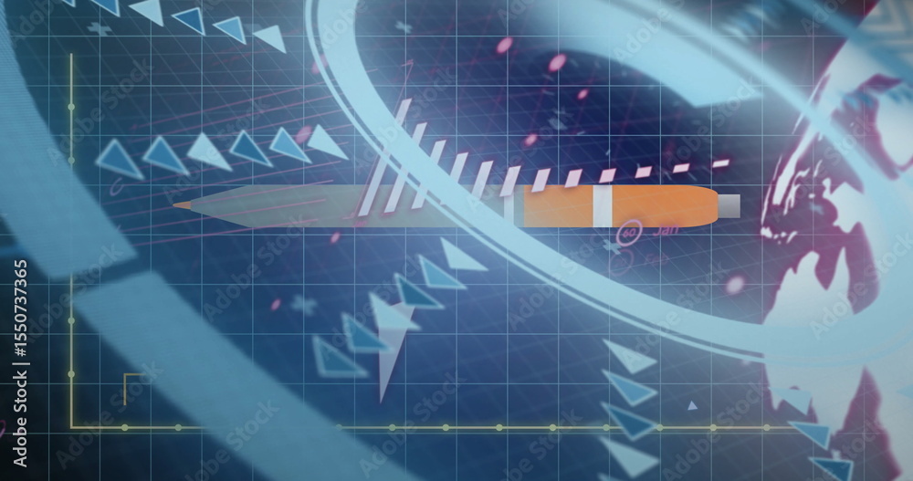 Poster displaying central orange projectile shape rotating on blue grid in hud interface, with arrow icons
