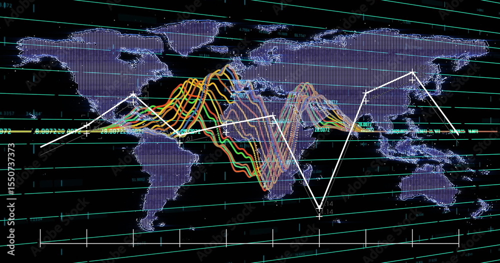 Poster showing world map with colorful waveforms and grid lines on dark data console, white trend polyline