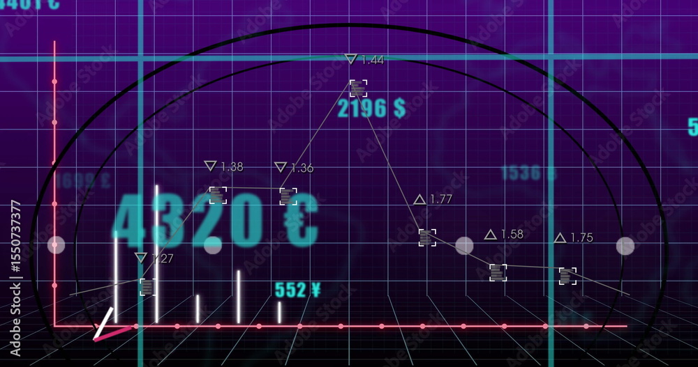Poster projecting data visualization graph hovering over 3d grid plane with currency labels and markers