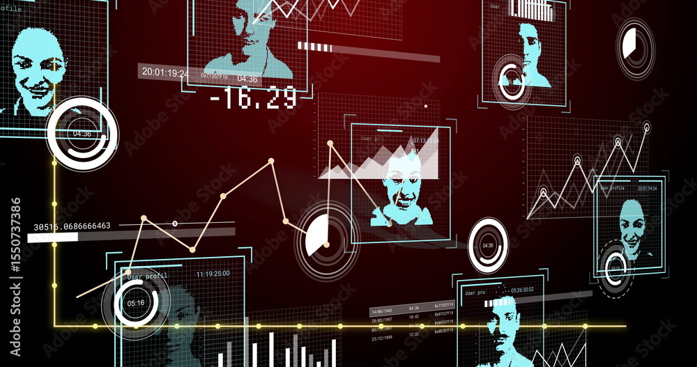 Poster displaying digital dashboard in virtual interface, featuring biometric scans, face icons and graphs