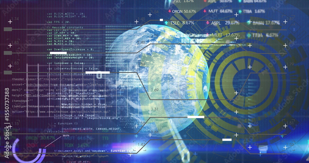 Poster displaying 3d earth globe rotating on virtual control dashboard, with code blocks and data labels