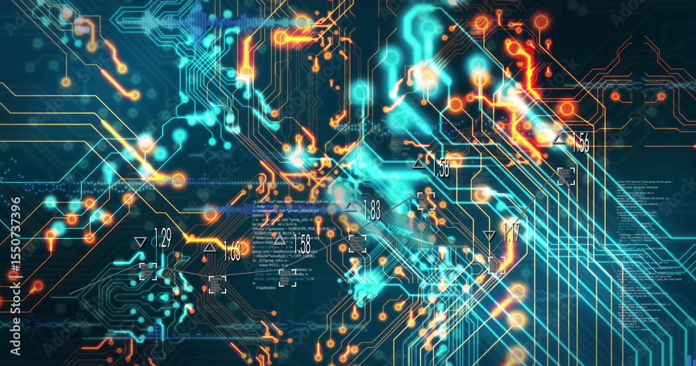Poster displaying abstract glowing circuit network on interface with luminous nodes and code snippets