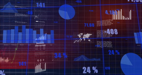 Displaying layered financial dashboard on virtual screen, showing bar charts, pie charts, numbers