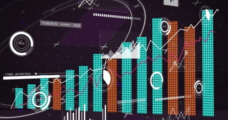 Data visualization filling dashboard, turquoise  and  orange bars, white  and  magenta lines, HUD el