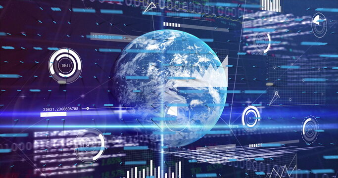 Showing holographic Earth globe rotating in high-tech interface, with HUD widgets and data panels