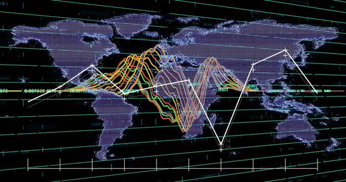 Showing world map with colorful waveforms and grid lines on dark data console, white trend polyline