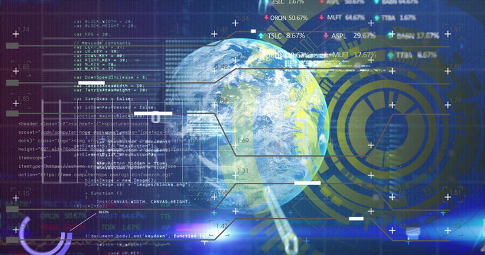 Displaying 3D Earth globe rotating on virtual control dashboard, with code blocks and data labels - Powered by Adobe