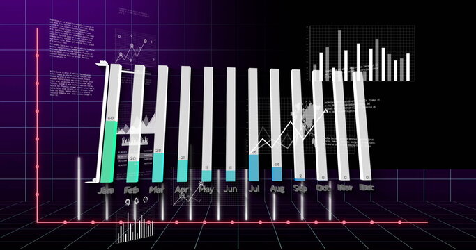 3D bar graph presenting monthly data in virtual interface, with line overlay and floating panels - Powered by Adobe