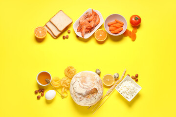 Frame made of different products on yellow background. Food Allergy Awareness Month