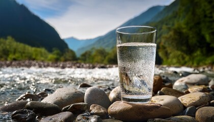 chilled glass resting on pebbles by a mountain river with soft waves in the background