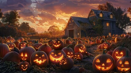 Halloween pumpkin patch at sunset