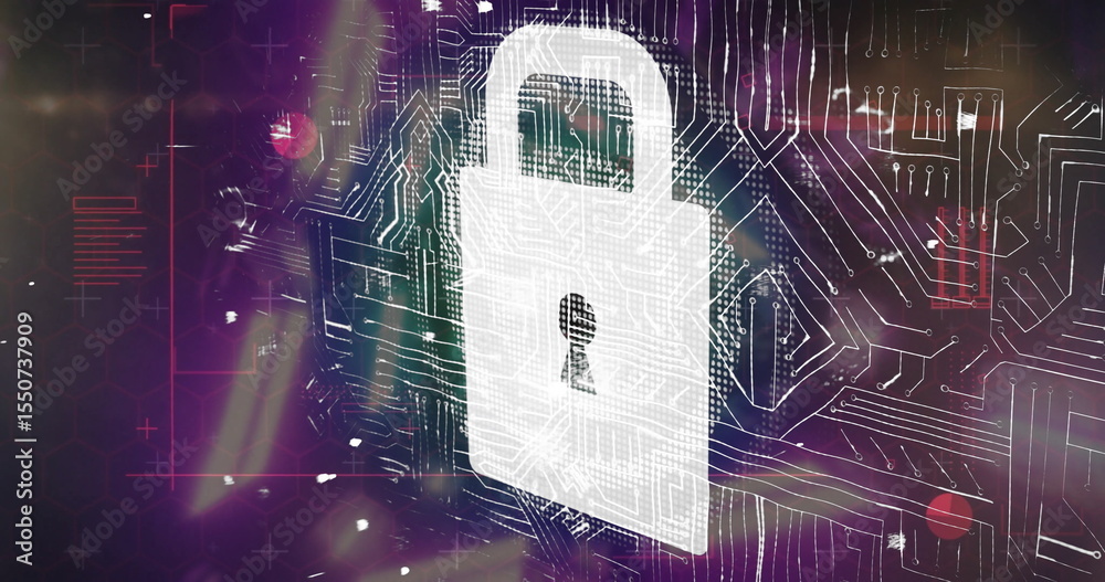 Poster white padlock icon floating in interface with glowing circuit traces and abstract light effects