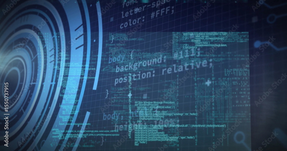 Poster Displaying concentric circular HUD interface and scrolling code on faint grid background, console