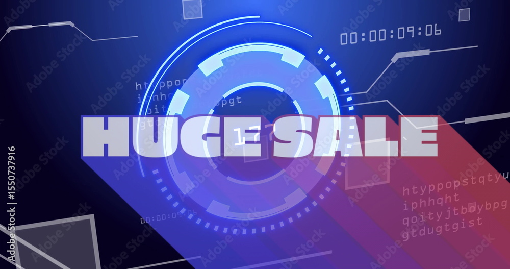 Poster showing huge sale overlaying circular hud on graphic template, with code snippets, timer digits