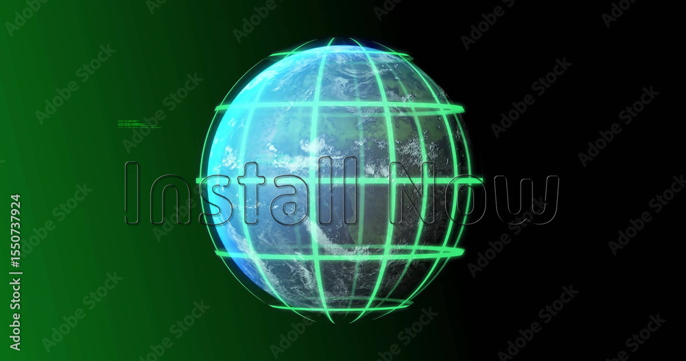 Poster rotating 3d earth globe displaying virtual interface space, with neon green grid and code text