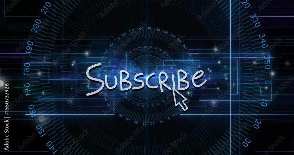 Poster displaying subscribe button with clicking cursor on hud, with circular numeric grid and circuits