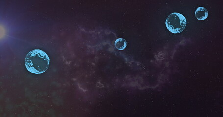 Displaying large cyan-blue sphere floating in space with bright star, nebula cloud and four spheres