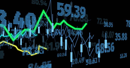 Displaying trading chart showing blue candlesticks and green lines on screen, with numeric overlays