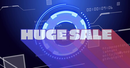 Obraz premium Showing HUGE SALE overlaying circular HUD on graphic template, with code snippets, timer digits