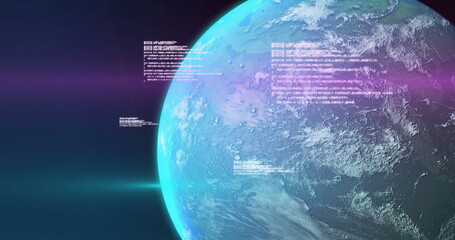 Fototapeta premium Displaying planetary globe hovering in outer space, with floating code fragments and light streaks