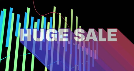 Displaying large HUGE SALE text on black banner, with green blue bars and purple red triangles