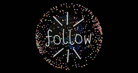 Fotobehang White hand-drawn follow text floating in dark digital space, with multicolor dot network © vectorfusionart