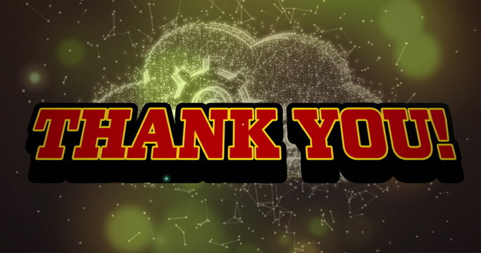 Displaying stylized THANK YOU! text glowing in virtual space, with network shape and bokeh spots - Powered by Adobe