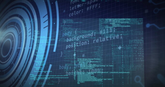 Displaying concentric circular HUD interface and scrolling code on faint grid background, console