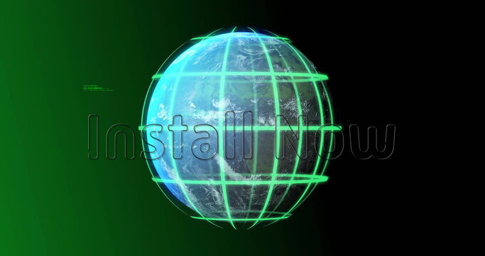 Rotating 3D Earth globe displaying virtual interface space, with neon green grid and code text - Powered by Adobe