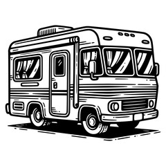 Black and white camper van illustration for adventure travel, RV lifestyle, camping graphics, retro vehicle decor, road trip posters, logo design, t-shirt print, vector clipart use