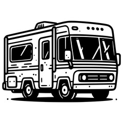 Black and white camper van illustration for adventure travel, RV lifestyle, camping graphics, retro vehicle decor, road trip posters, logo design, t-shirt print, vector clipart use