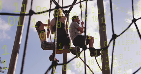 Climbing three friends in athletic gear pulling on rope course at park, with binary code overlay