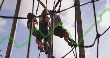 Climbing friends in sportswear scaling ropes on rope course, with cargo net green chart overlay