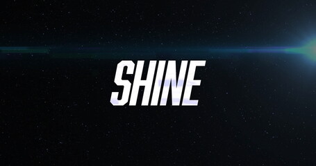 Floating stylized white SHINE text in deep outer space scene, with bright star lens flare