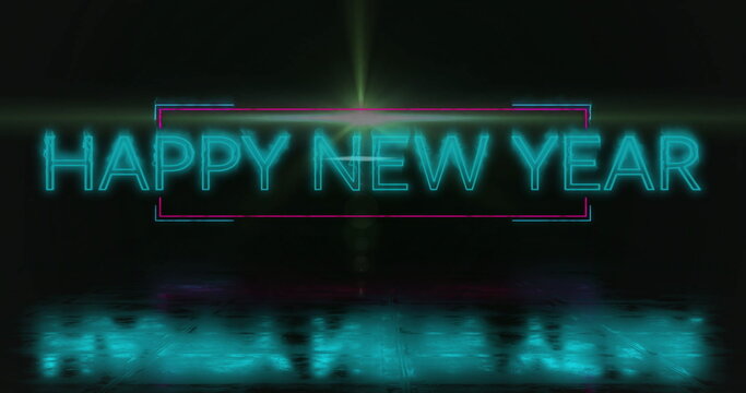 Neon sign displaying HAPPY NEW YEAR and green beam on floor in studio, with magenta frame - Powered by Adobe