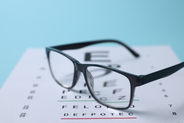 Glasses and vision test chart on light blue background, closeup