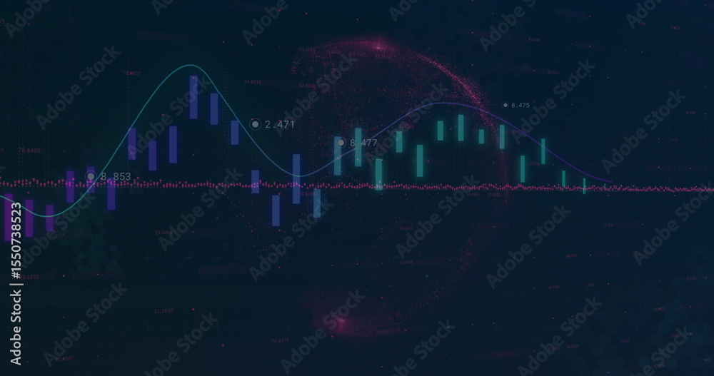 Poster trading interface displaying candlestick bars, line graph and fuchsia particle arc on dark screen