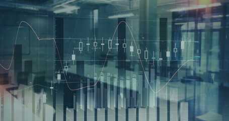 Displaying financial data overlay over desks in office, with bar charts, candlesticks, price trends