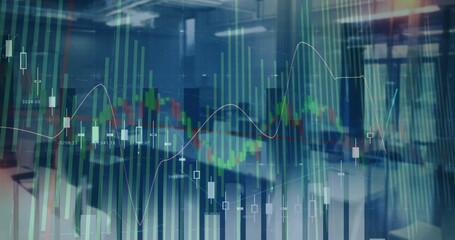Displaying financial chart overlay in office: desks, candlesticks, histogram, trend line, labels